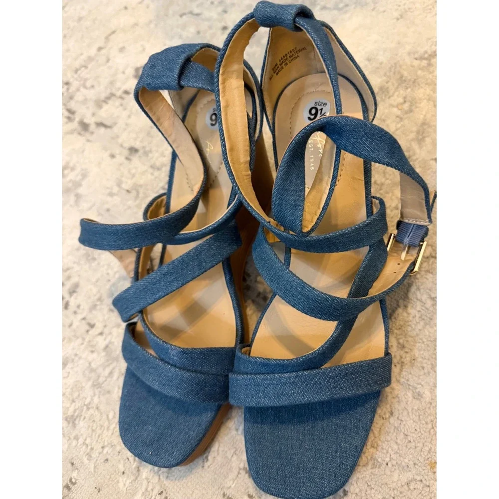 Sugar Denim Strappy Wedge Sandals Blue Open Toe Wood Grain Heel 9.5M 44581657